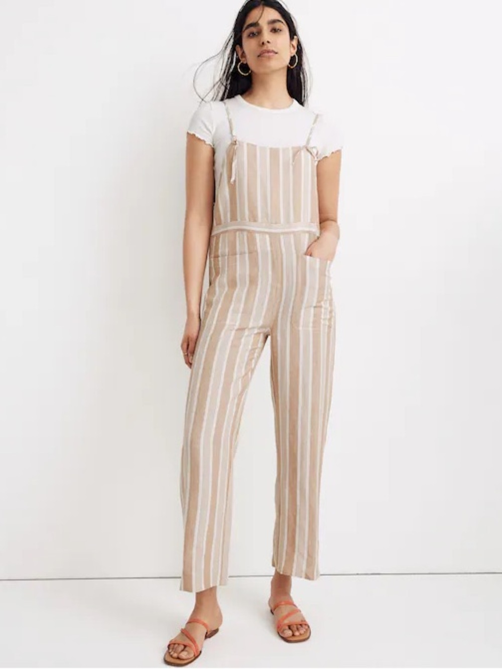 Madewell Striped Tie-Strap Wide-Leg Linen Blend Overalls Jumpsuit Size Medium